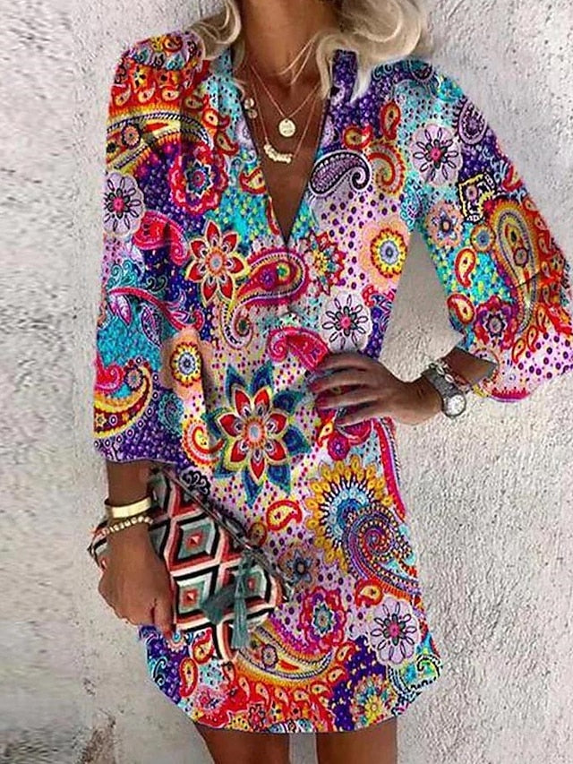 Women's Dress - Casual Dress Ethnic Dress Mini Dress Red 3/4 Length Sleeve Floral Print Summer Spring Fall V Neck Casual Weekend 2023 S M L XL XXL 3XL