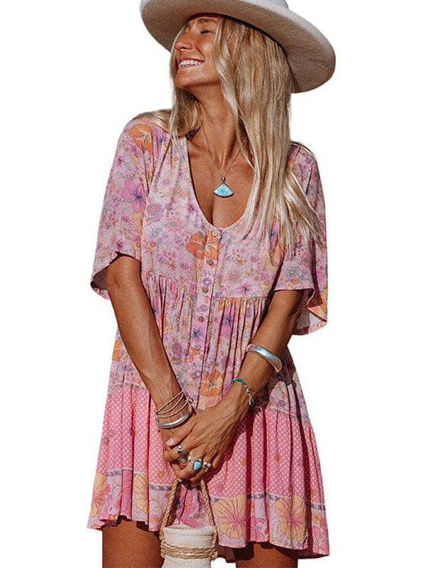 Bohemian Floral Print V-Neck High-Waisted Dress with Puff Sleeves