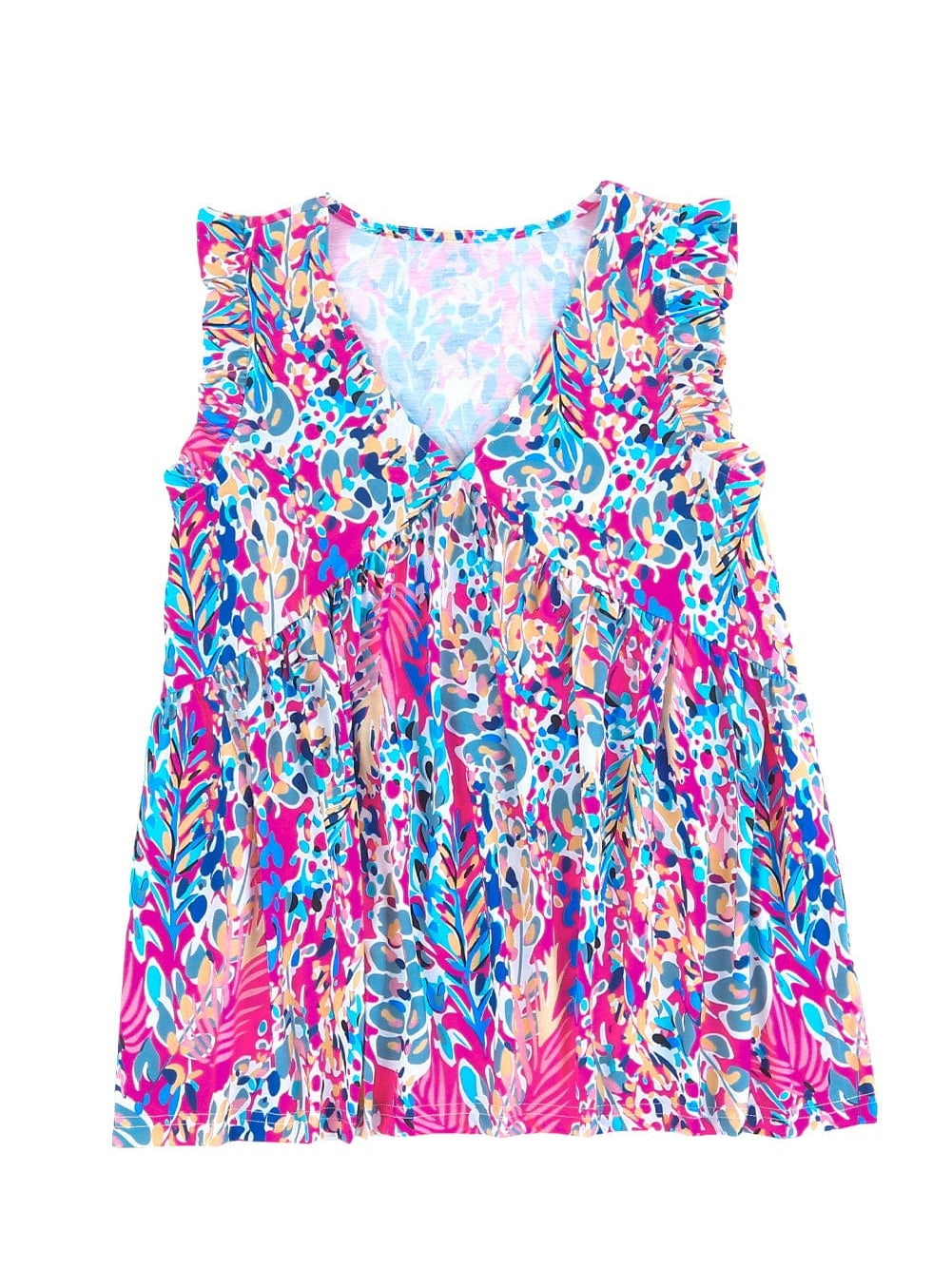 Bohemian Flounce V Neck Tank Top with Plant Pattern