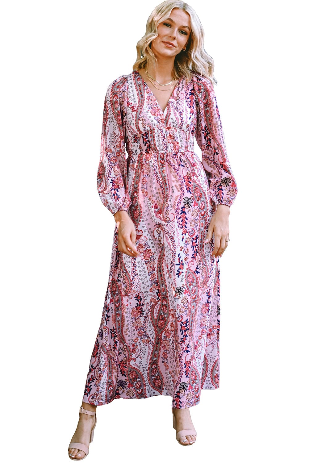 Bohemian Paisley Print V Neck Long Sleeve Maxi Dress with Empire Waist