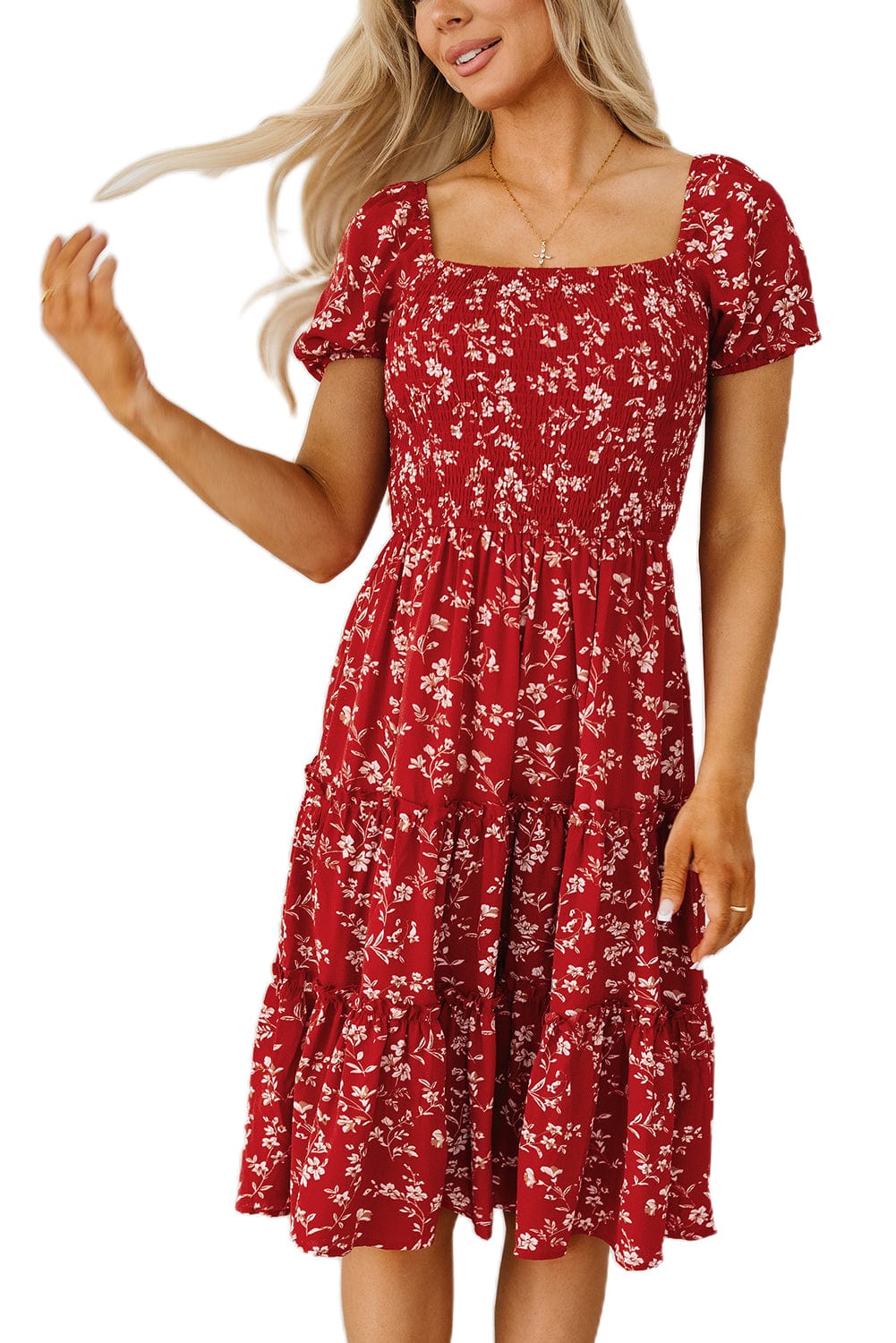 Bohemian Red Floral Midi Dress with Square Neck and Tiered Silhouette