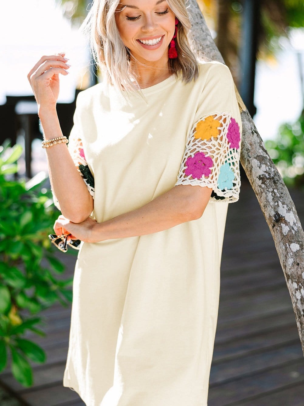 Bohemian White Floral Crochet Patchwork Tunic Dress