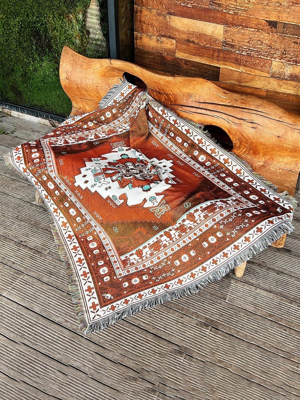Boho Chic Orange Geometric Patterned Tasseled Throw Blanket