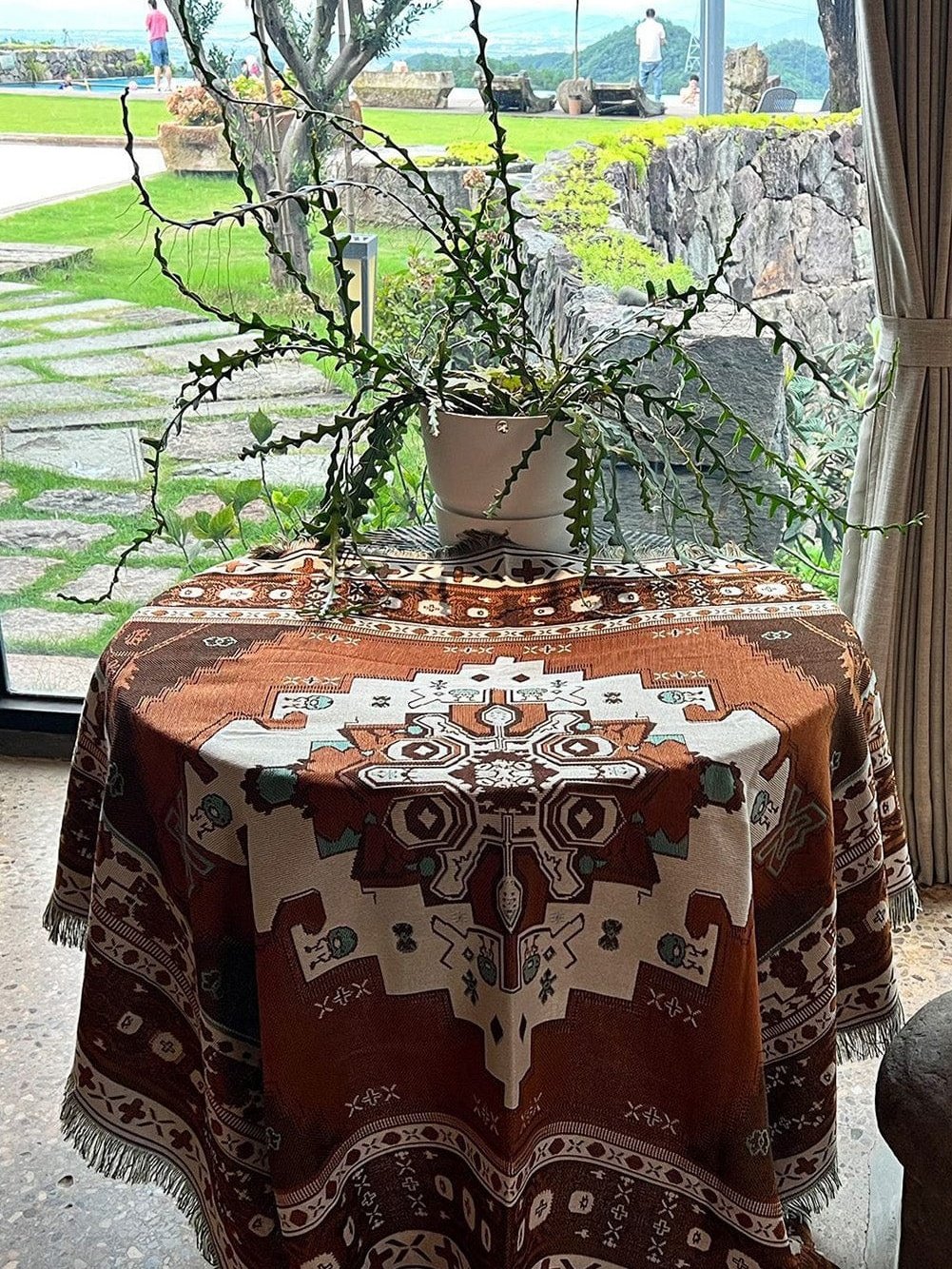 Boho Chic Orange Geometric Patterned Tasseled Throw Blanket