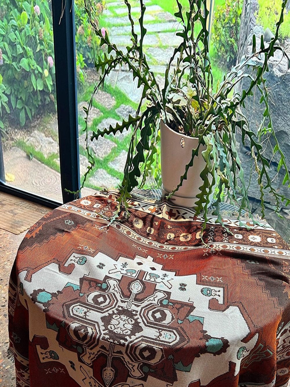 Boho Chic Orange Geometric Patterned Tasseled Throw Blanket
