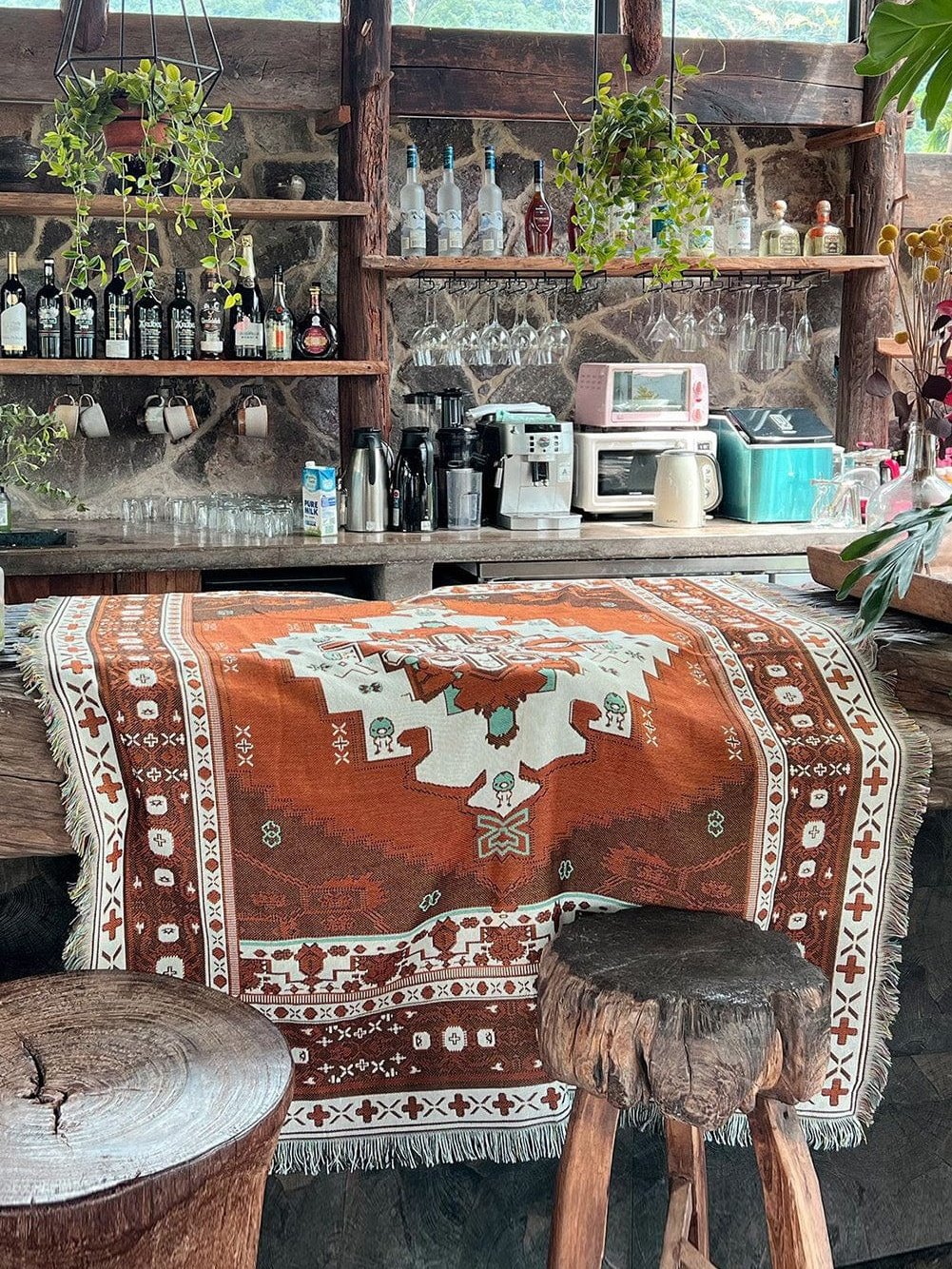 Boho Chic Orange Geometric Patterned Tasseled Throw Blanket