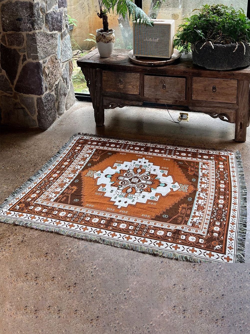 Boho Chic Orange Geometric Patterned Tasseled Throw Blanket