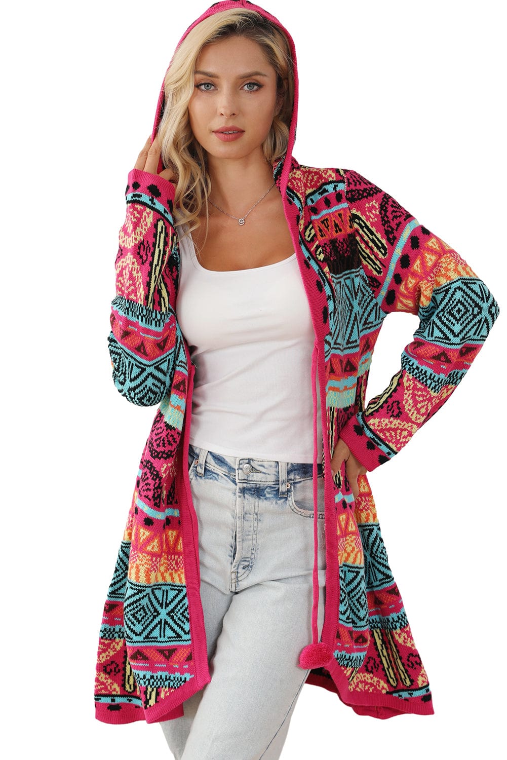 Boho Rose Aztec Patchwork Hooded Cardigan with Pom Pom Trim