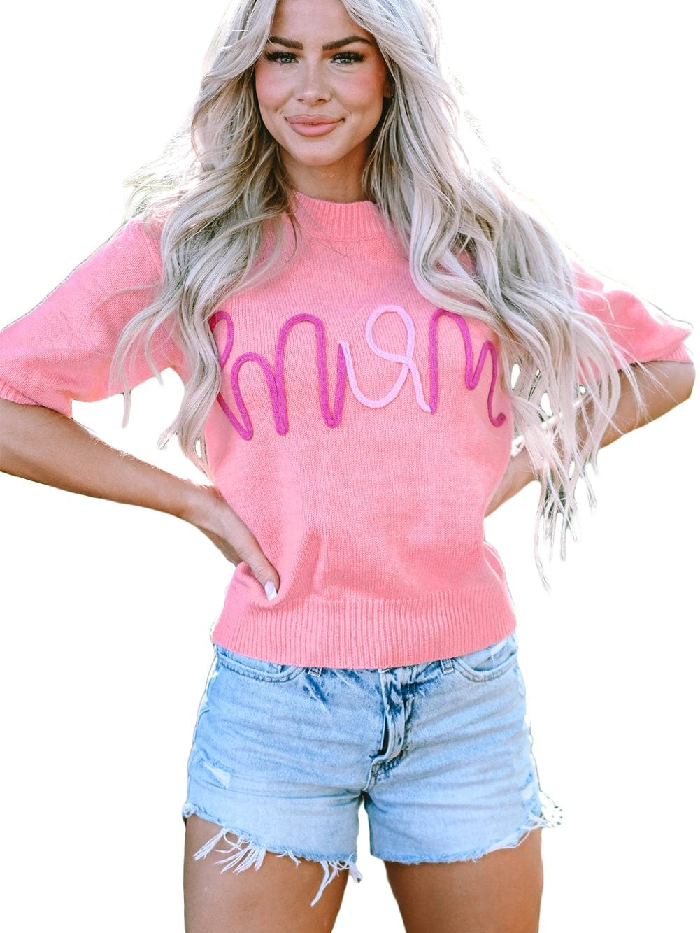 Bonbon Tinsel Detail Short Sleeve Sweater for Chic Moms