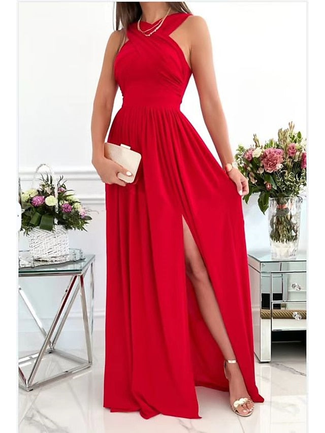 Women's Dress - Party Dress Wedding Guest Dress Long Dress Maxi Dress Wine Red Beige Sleeveless Pure Color Backless Spring Summer Halter Neck 2023 S M L XL XXL
