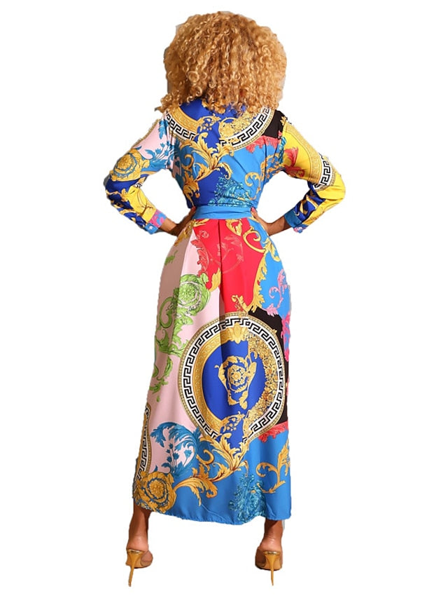 Women's Dress - Long Dress Maxi Dress Blue Light Blue Long Sleeve Geometric Shirt Collar Hot Winter Dress Fall Dress Slim S M L XL XXL
