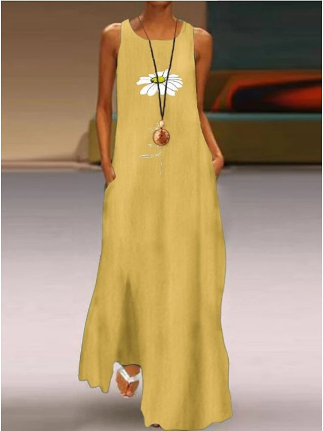 Women's Dress - White Dress A Line Dress Long Dress Maxi Dress Daisy Yellow Leaves white Butterfly white Sleeveless Floral Pocket Summer Spring Crew Neck Casual 2023 S M L XL XXL 3XL 4XL