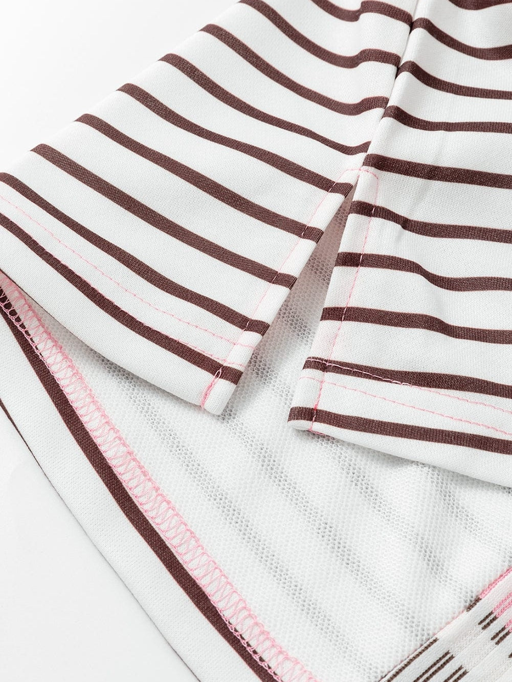 Brown Striped Textured Patchwork T-Shirt Dress with Button Detail