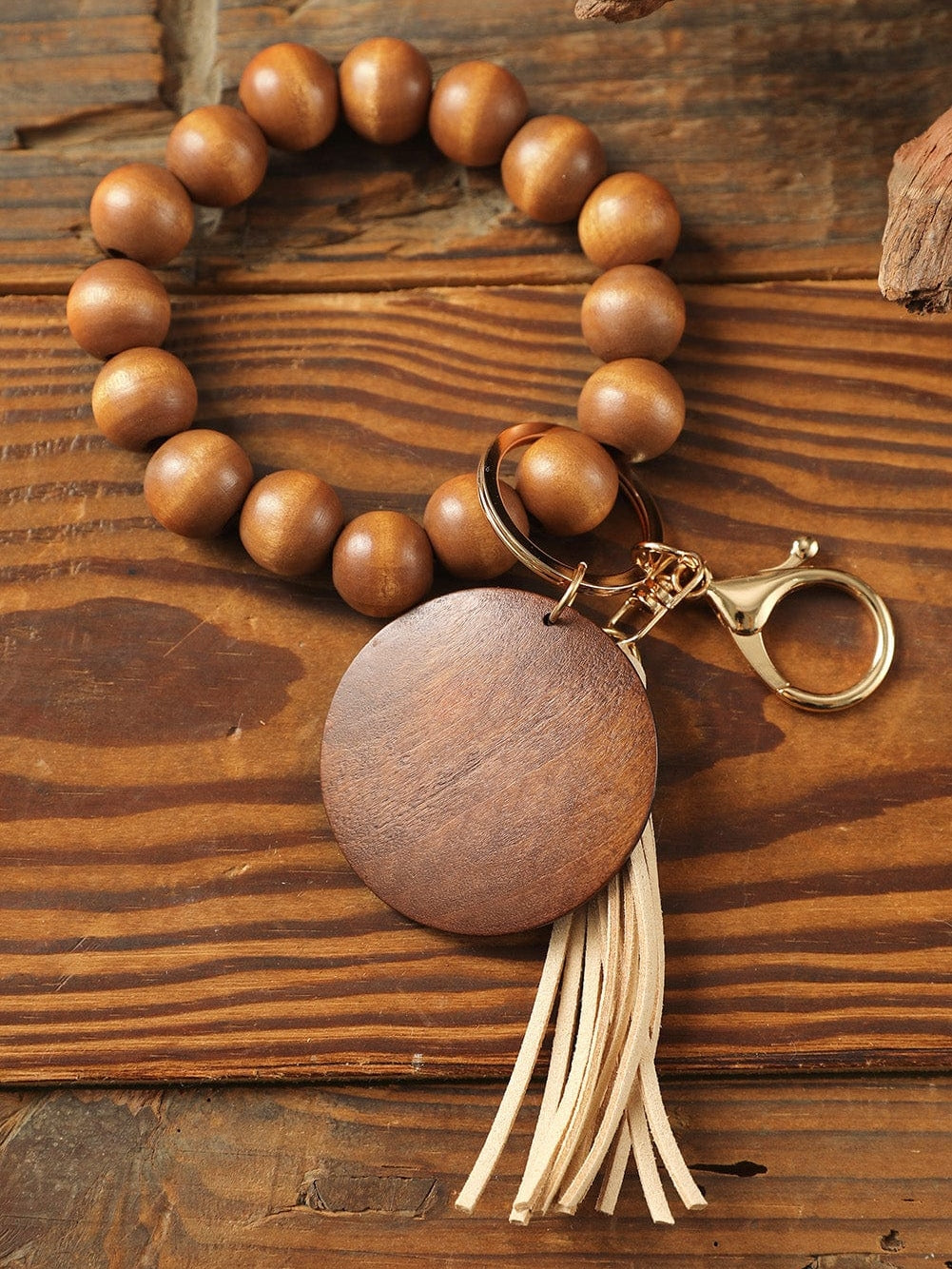 Brown Wood Beads Bracelet Tassel Keyring