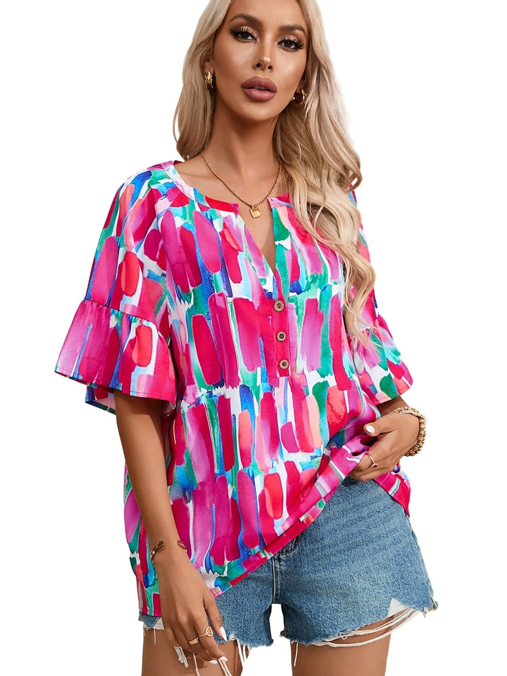 Brushed Rose V Neck Blouse with Abstract Print and Button Detail