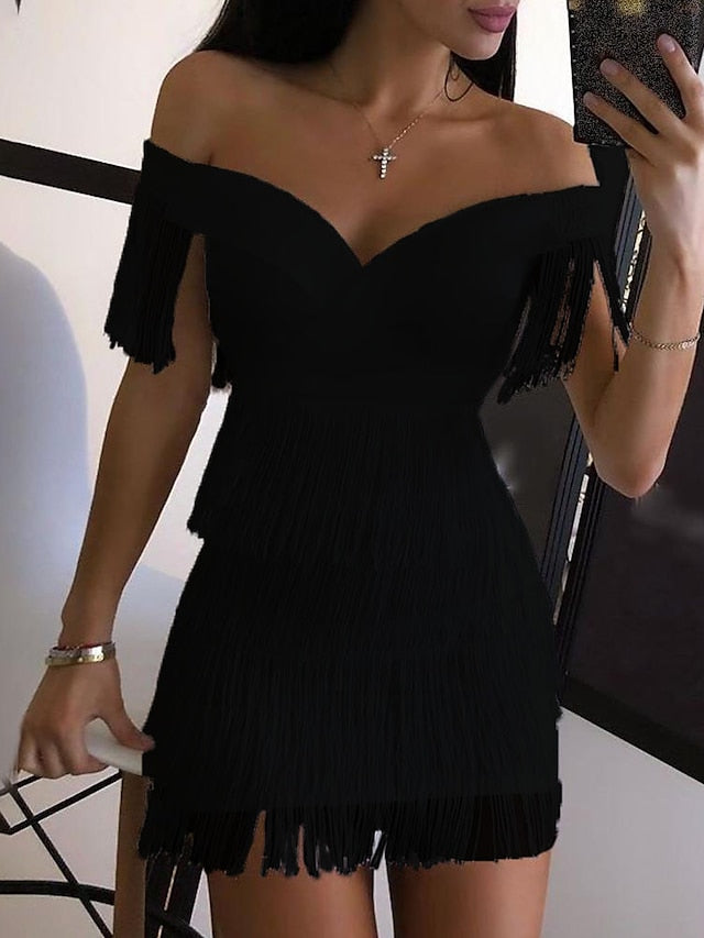 Women's Dress - Semi Formal Party Dress Wedding Guest Dress Fringe Dress Sheath Dress Mini Dress Black White Sleeveless Pure Color Tassel Fringe Fall Spring Summer V Neck Fashion Birthday 2023 S M L XL