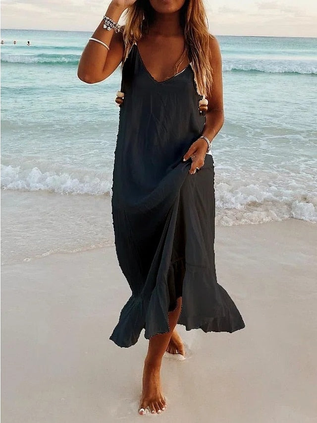 Women's Dress - Casual Dress Swing Dress White Dress Long Dress Maxi Dress Light Blue Black Yellow Sleeveless Ruffle Spring Summer V Neck S M L XL XXL XXXL