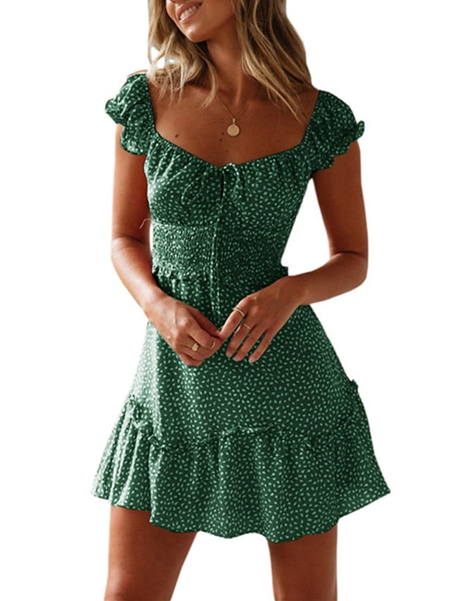 Women's Dress - Casual Dress Sundress Ruched Dress Mini Dress Red Red Wine Navy Blue Short Sleeve Floral Lace up Summer Spring Fall Square Neck Fashion Vacation Summer Dress 2023 S M L XL XXL XXXL