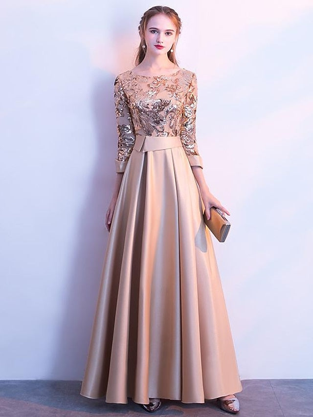 Women's Dress - Party Dress Sequin Dress Swing Dress Maxi long Dress Silver Champagne Dark Blue 3/4 Length Sleeve Color Block Sequins Winter Fall Spring Crew Neck Fashion Party Evening Party Wedding Guest