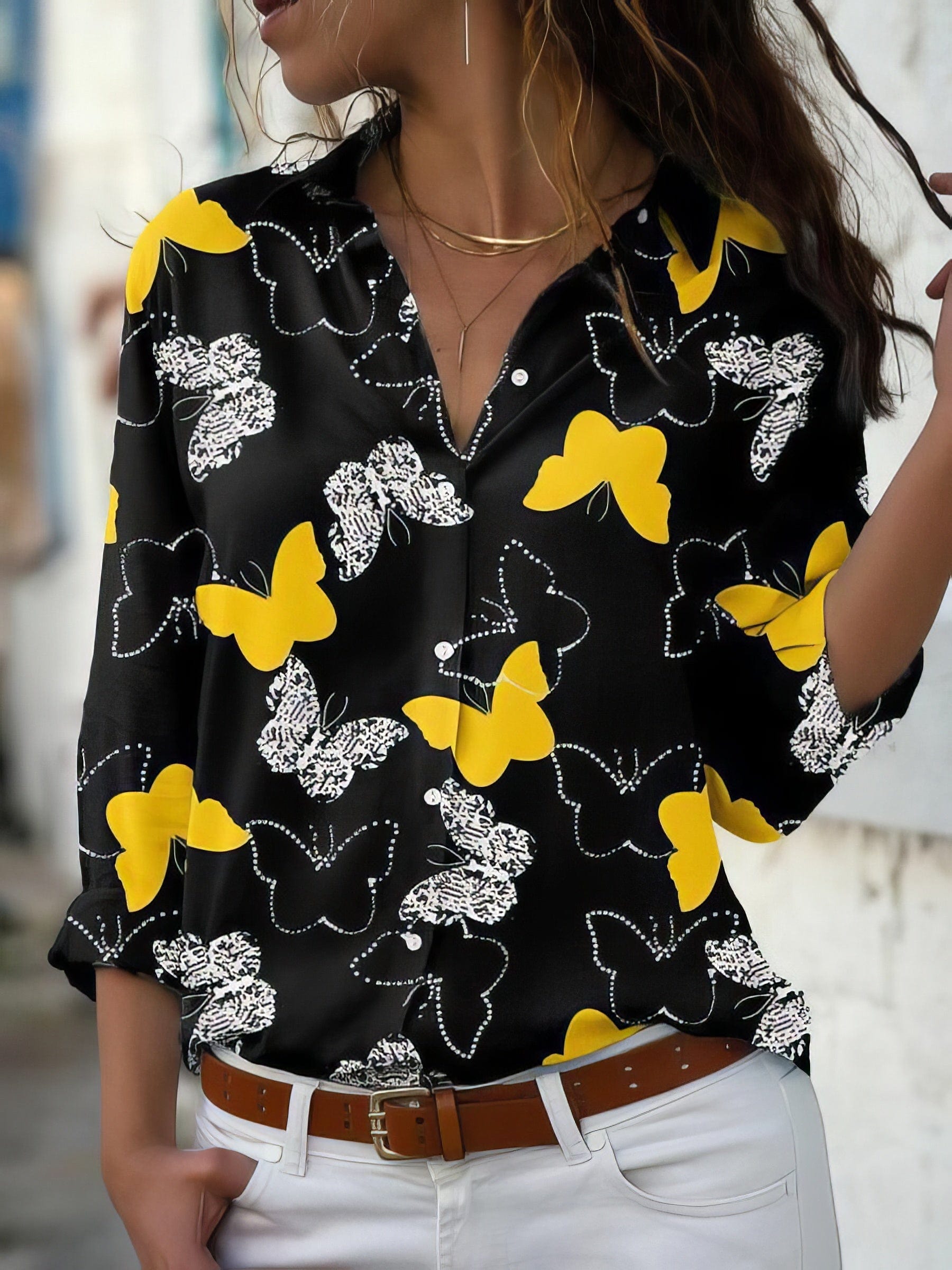 Butterfly Print Button Long Sleeve Blouse