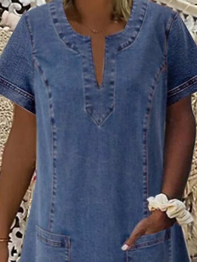Women's Dress - Denim Dress Casual Dress Midi Dress Denim Sexy Casual Daily Vacation Split Neck Ruched Pocket Short Sleeve Summer Spring 2023 Regular Fit Blue Pure Color S M L XL XXL