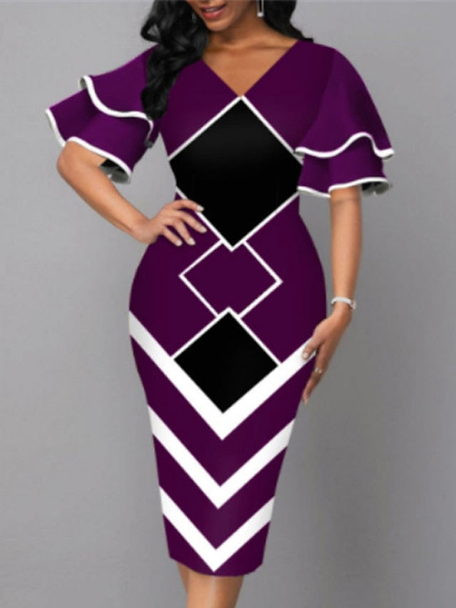 Women's Dress - Bodycon Sheath Dress Modern Dress Midi Dress Yellow Wine Royal Blue Half Sleeve Print Ruffle Summer Spring V Neck Stylish 2023 S M L XL XXL 3XL 4XL 5XL
