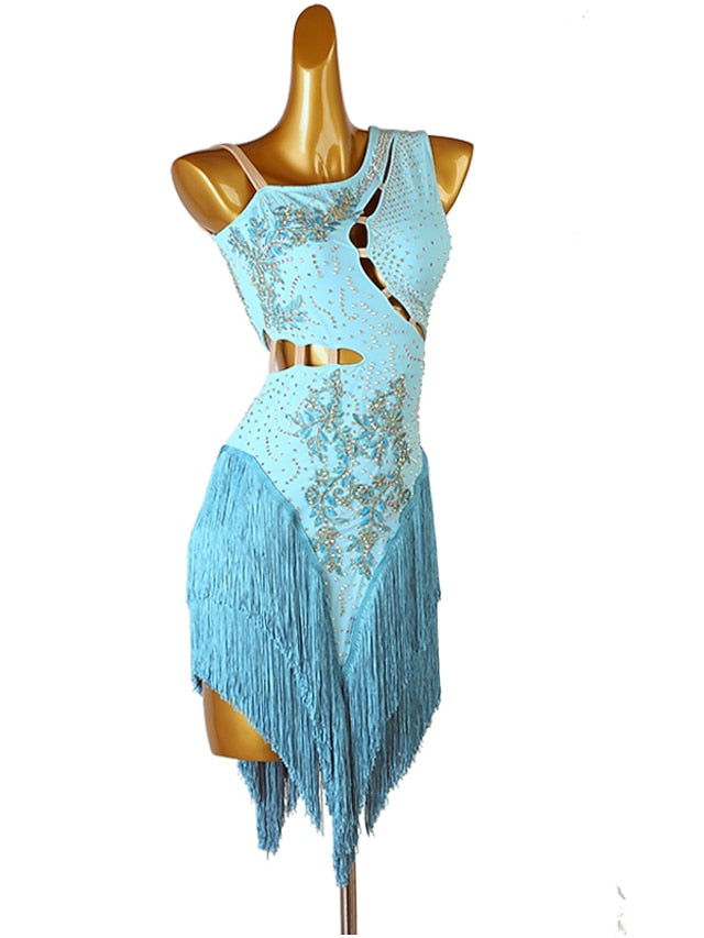 Latin Dance Dress Tassel Split Joint Crystals / Competition Dress Rhinestones Women's Performance Sleeveless Chinlon - LuckyFash™