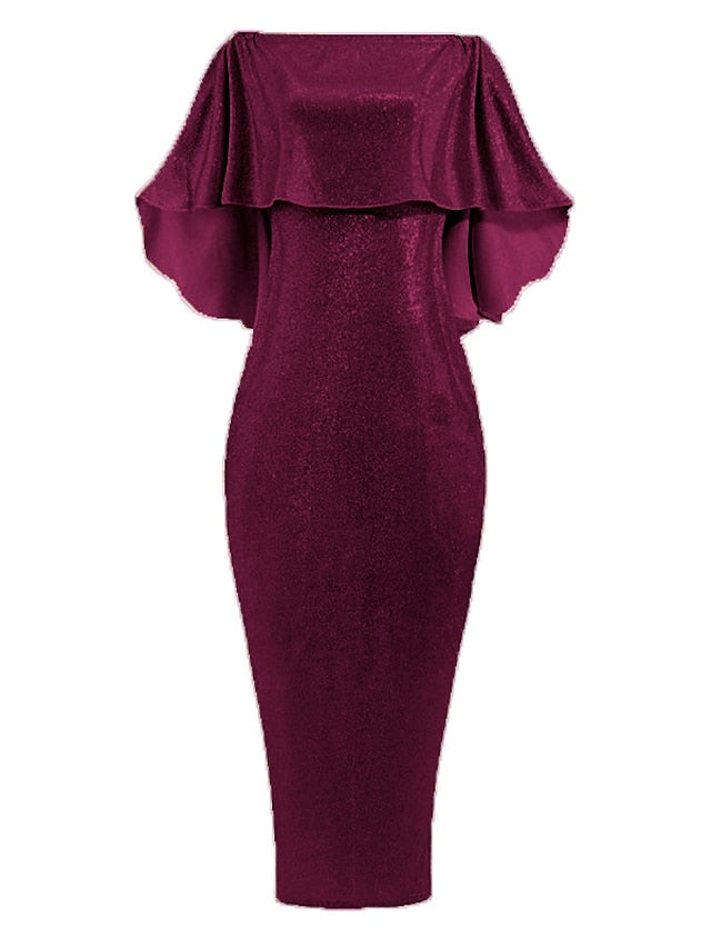 Women's Dress - Formal Party Dress Cocktail Dress Long Dress Maxi Dress Silver Black Champagne Half Sleeve Pure Color Cold Shoulder Winter Fall Spring Off Shoulder Mature Evening Party Wedding