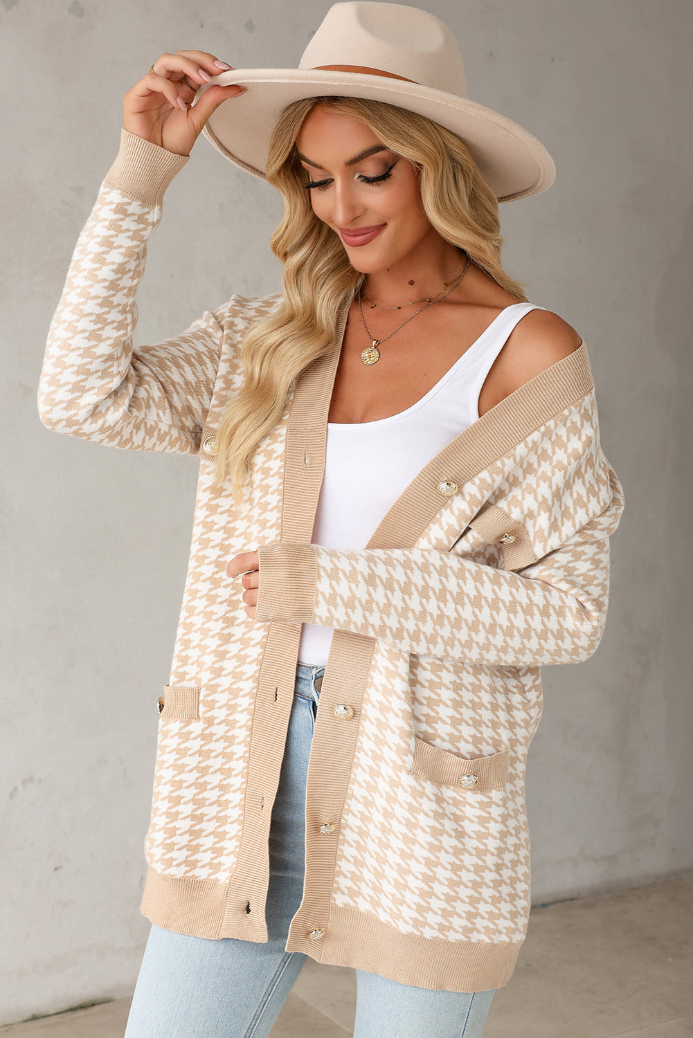 Khaki Contrast Edge Metal Button Slim Cardigan with Pockets