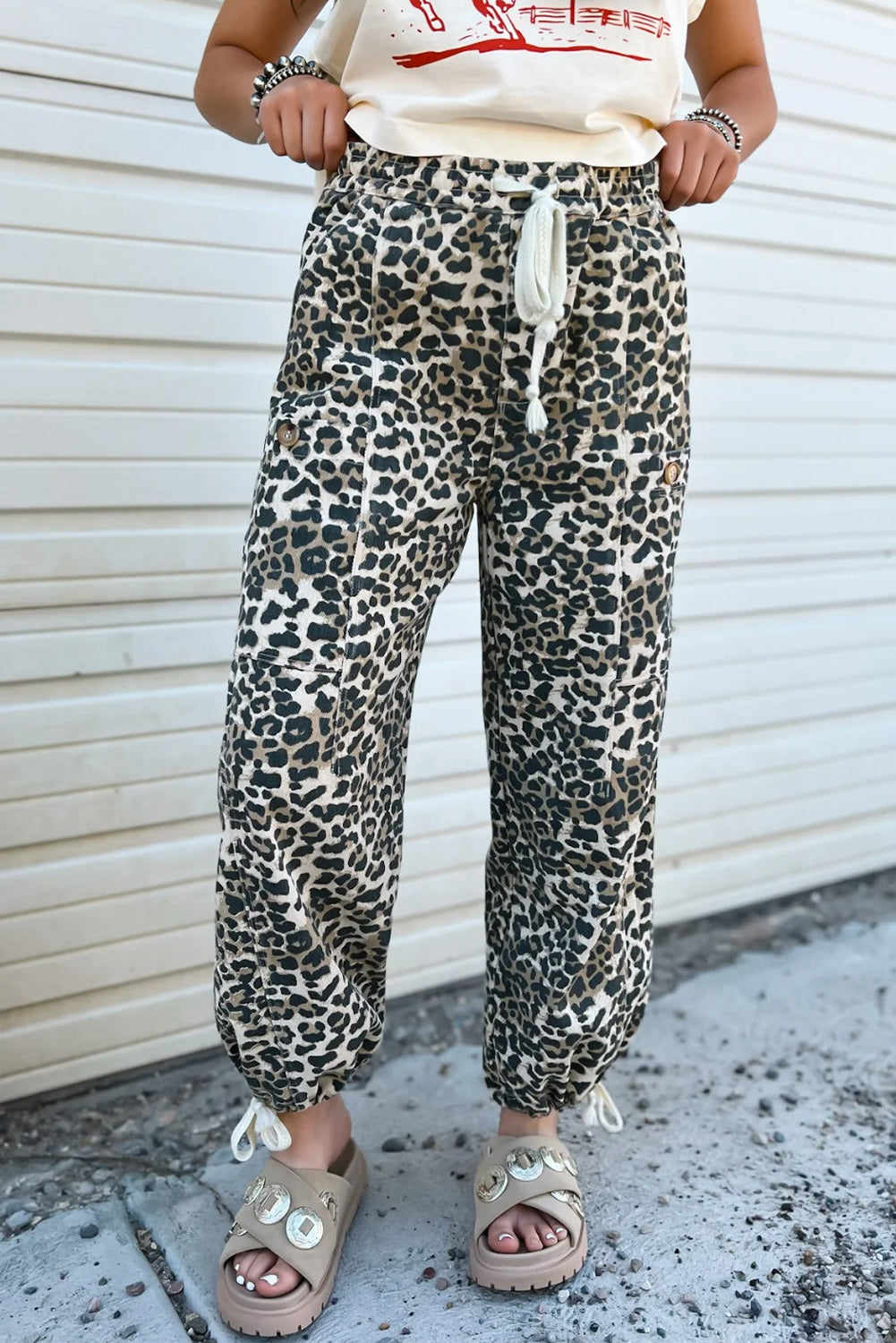 Black Leopard Print Drawstring Jogger Jeans