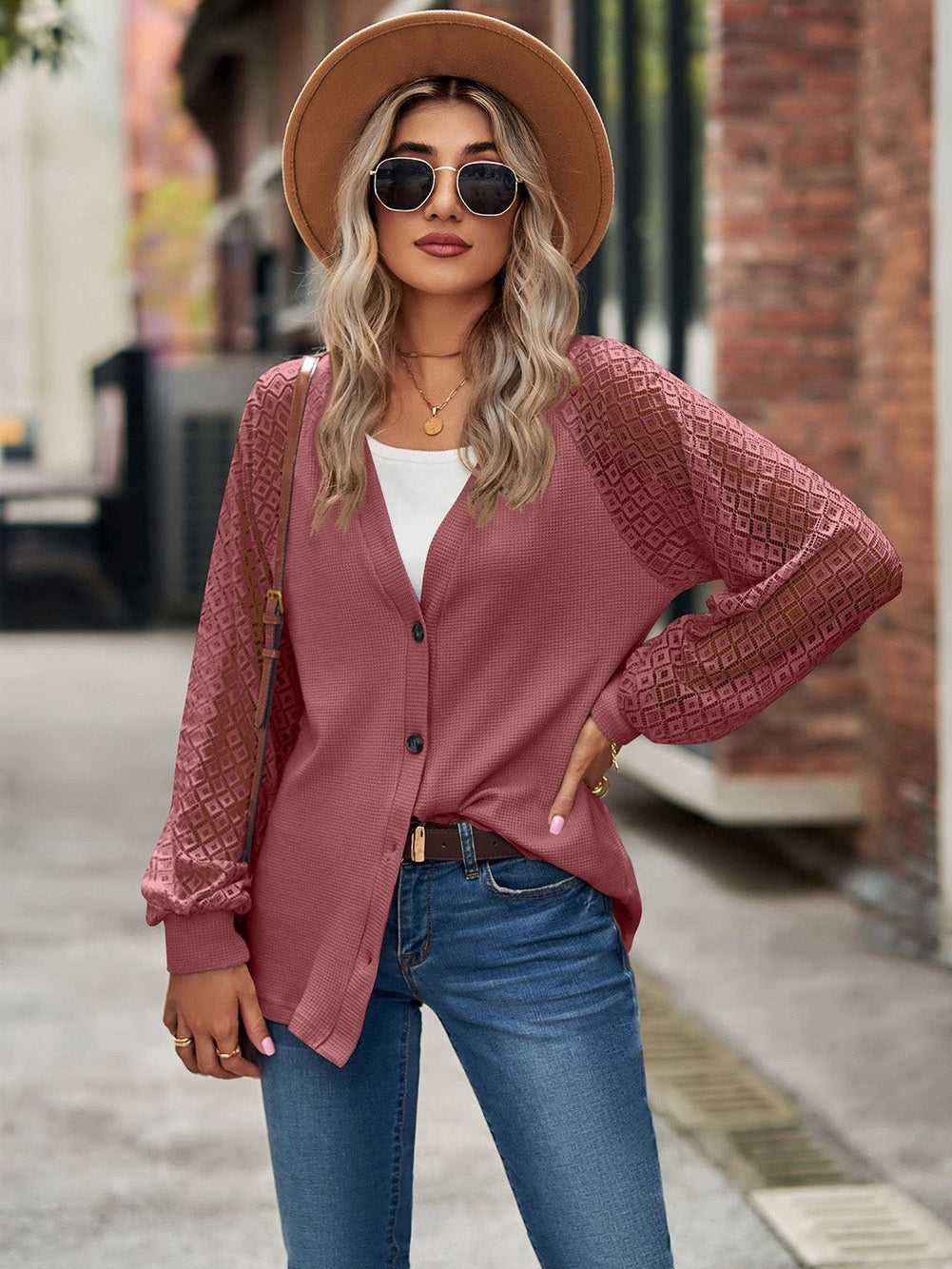 Lacy Waffle Knit Button-Up Cardigan with Long Sleeves