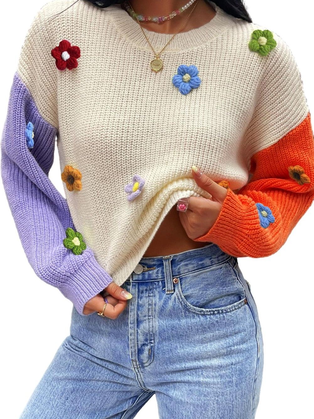 Floral Patchwork Drop Shoulder Knit Sweater with Colorblock Design