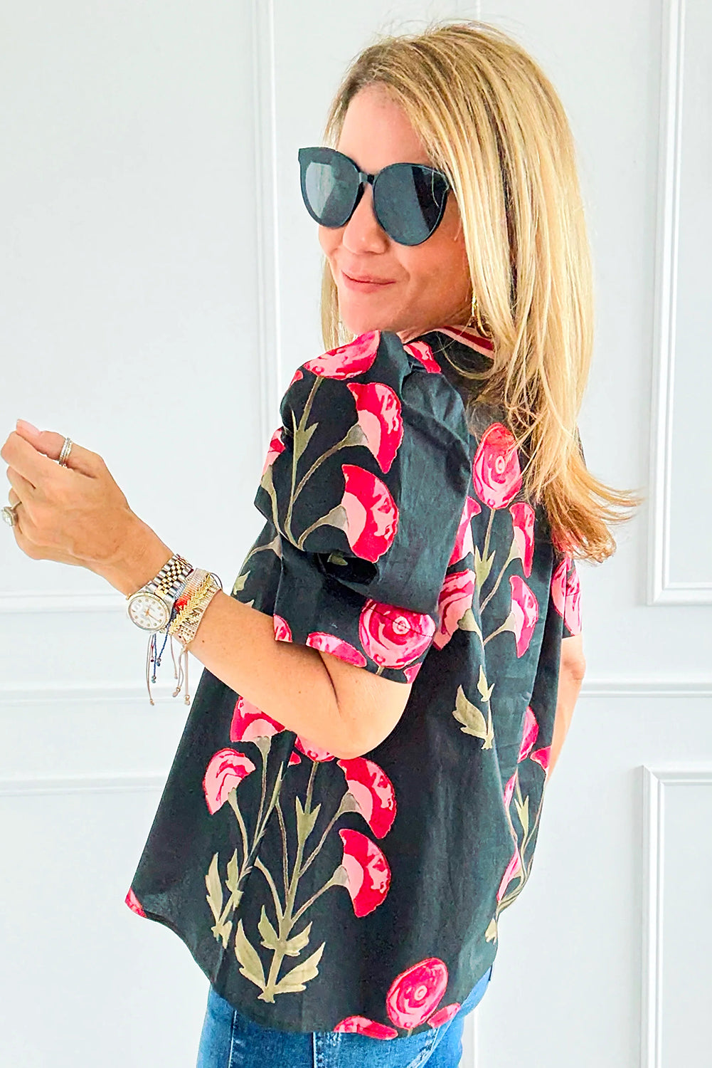 Black Floral Print Short Puff Sleeve Contrasted Striped V Neck Blouse