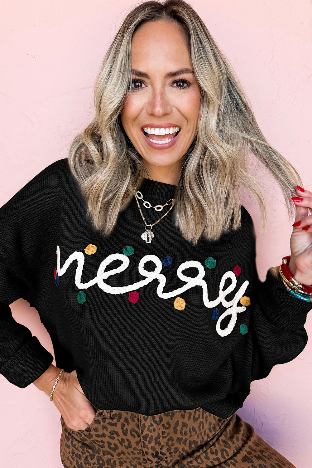 Black Merry Colorful Dot Detail Christmas Dolman Sweater
