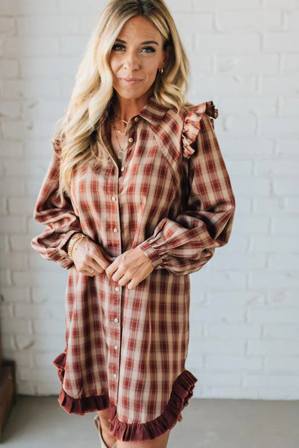 Red Plaid Print Ruffled Long Sleeve Patchwork Hem Mini Shirt Dress