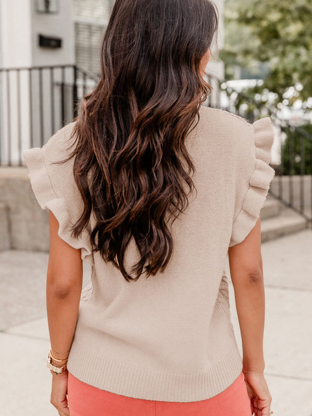 Cozy Oatmeal Cable Knit Ruffle Sleeve Mock Neck Sweater