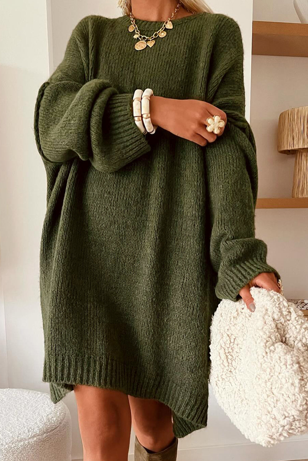 Four Leaf Clover Oversize Drop Shoulder Slouchy Sweater Dress