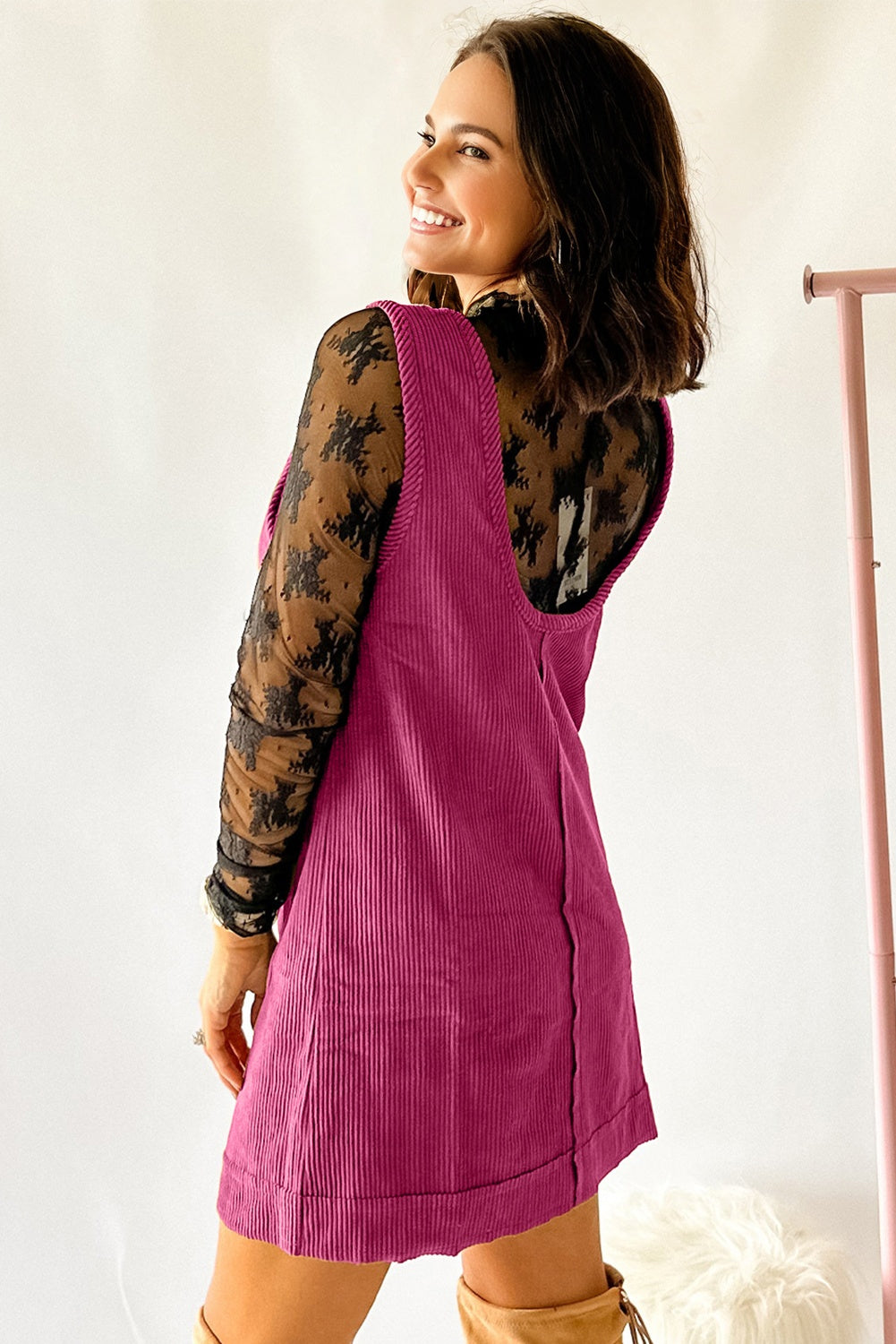 Rose Red Corduroy Sleeveless Mini Dress With Patched Pockets