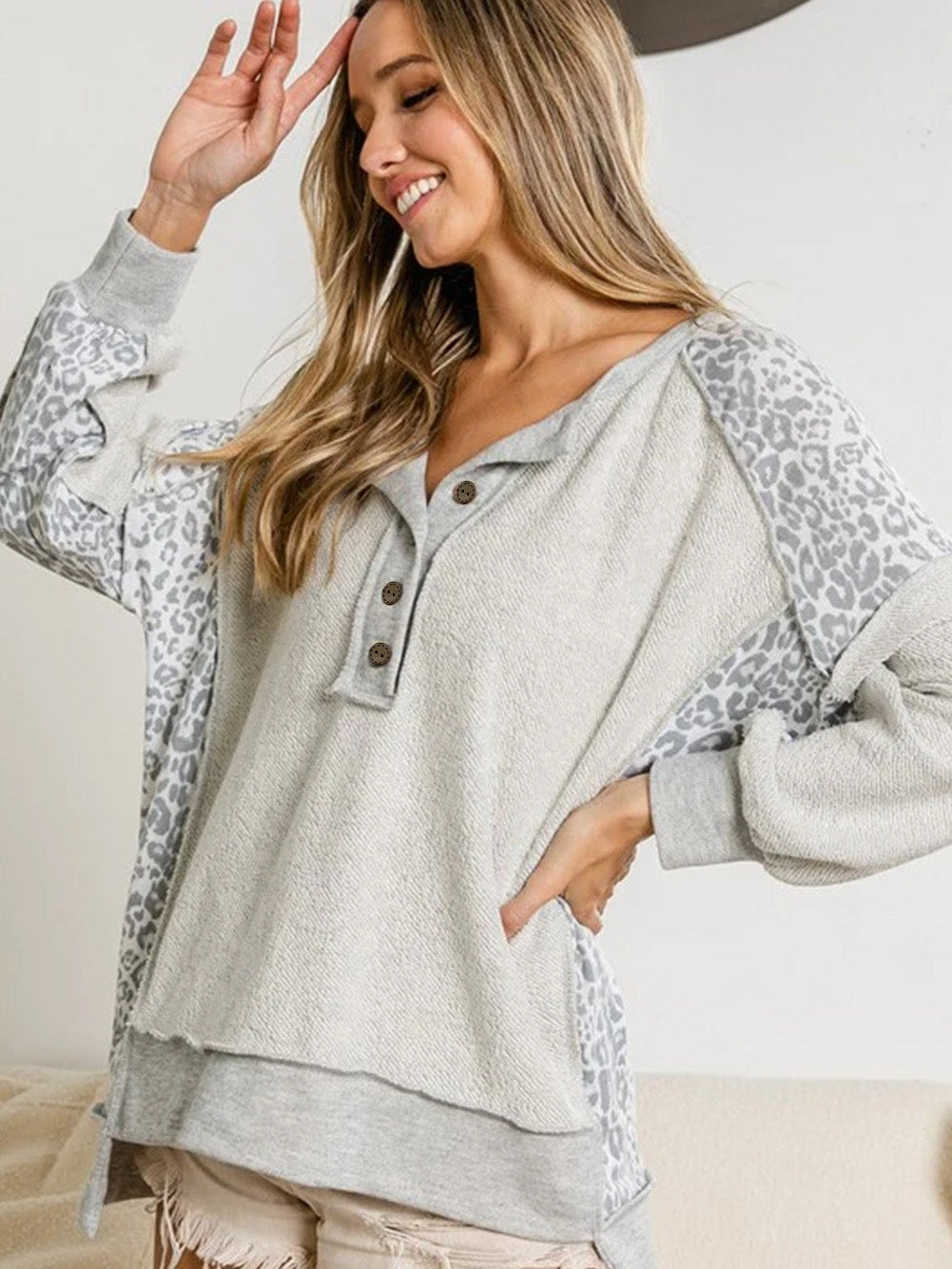 Leopard Patchwork Gray Buttoned Neck Pullover Sweatshirt