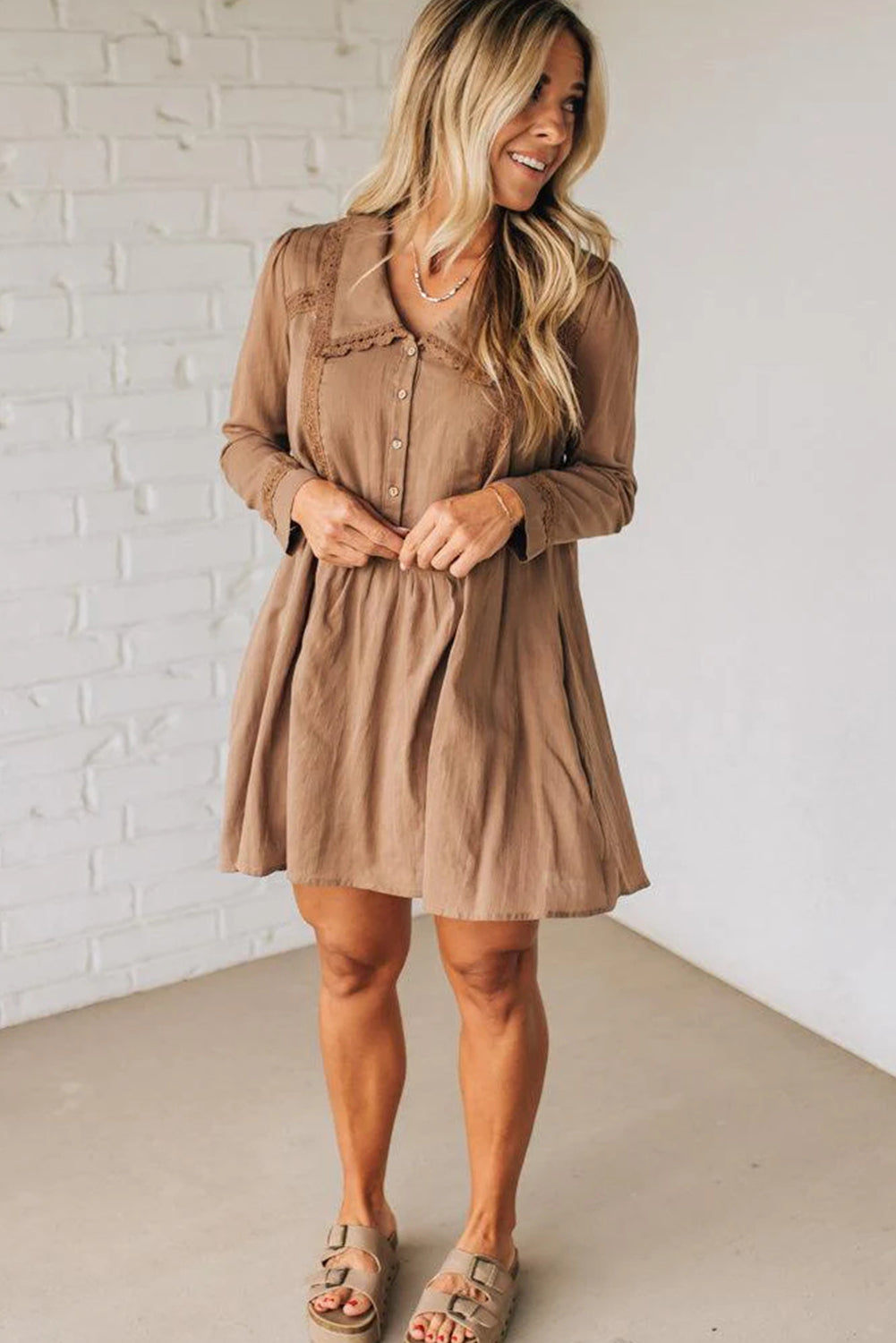 Straw Yellow Lace Trim Peter Pan Collar Long Sleeve Mini Shirt Dress
