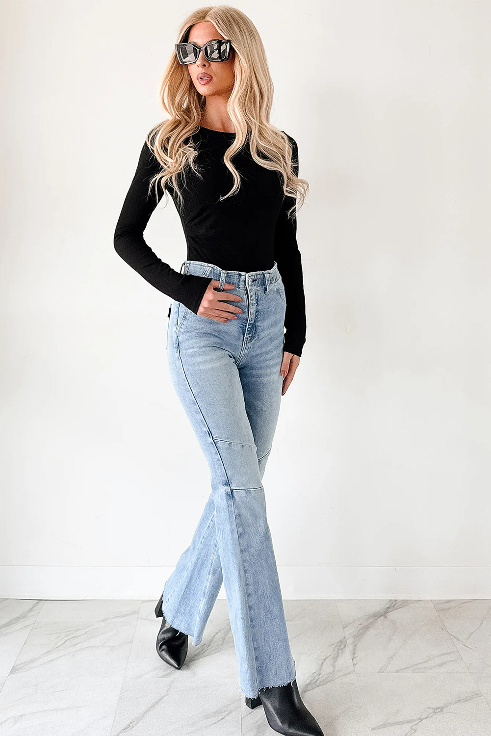 Black Ribbed Long Sleeve Crew Neck Solid Color Bodysuit