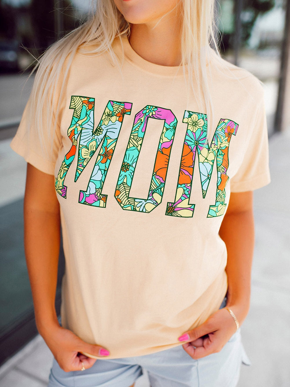 Khaki Floral "MOM" Print Crew Neck T-Shirt