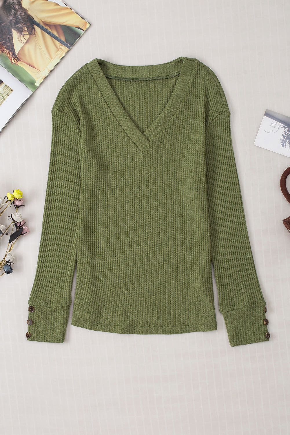 Jungle Green Waffle Knit V Neck Buttoned Long Sleeve Top