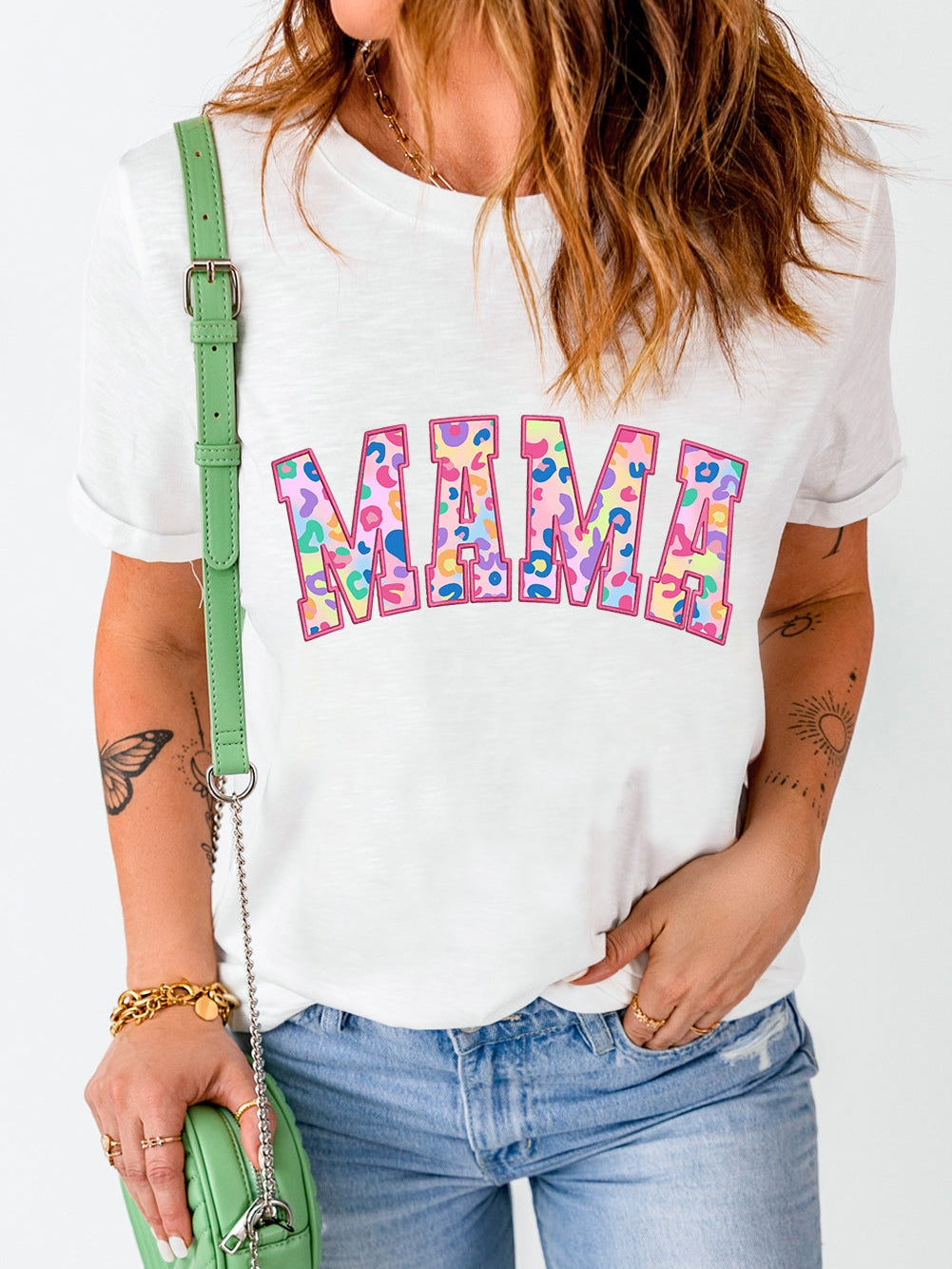Leopard Embroidered White MAMA Graphic Tee