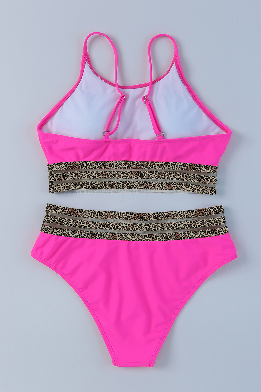 Leopard Mesh Trim Rosy Bikini Set with High Waist Bottom
