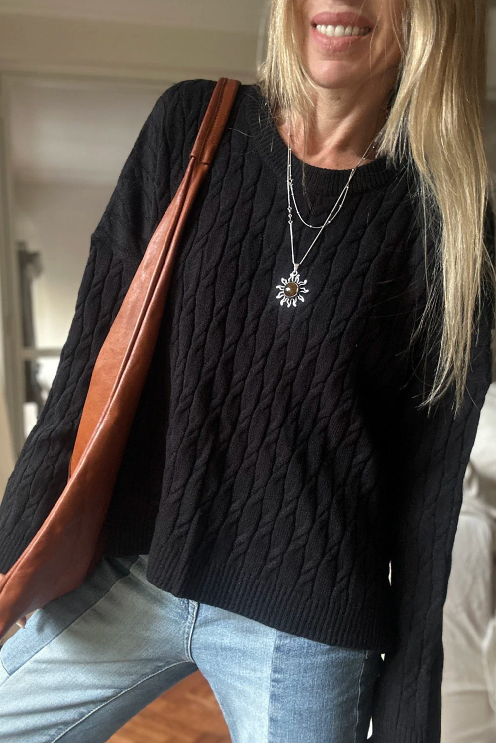 Black Drop Shoulder Cable Knit Round Neck Sweater