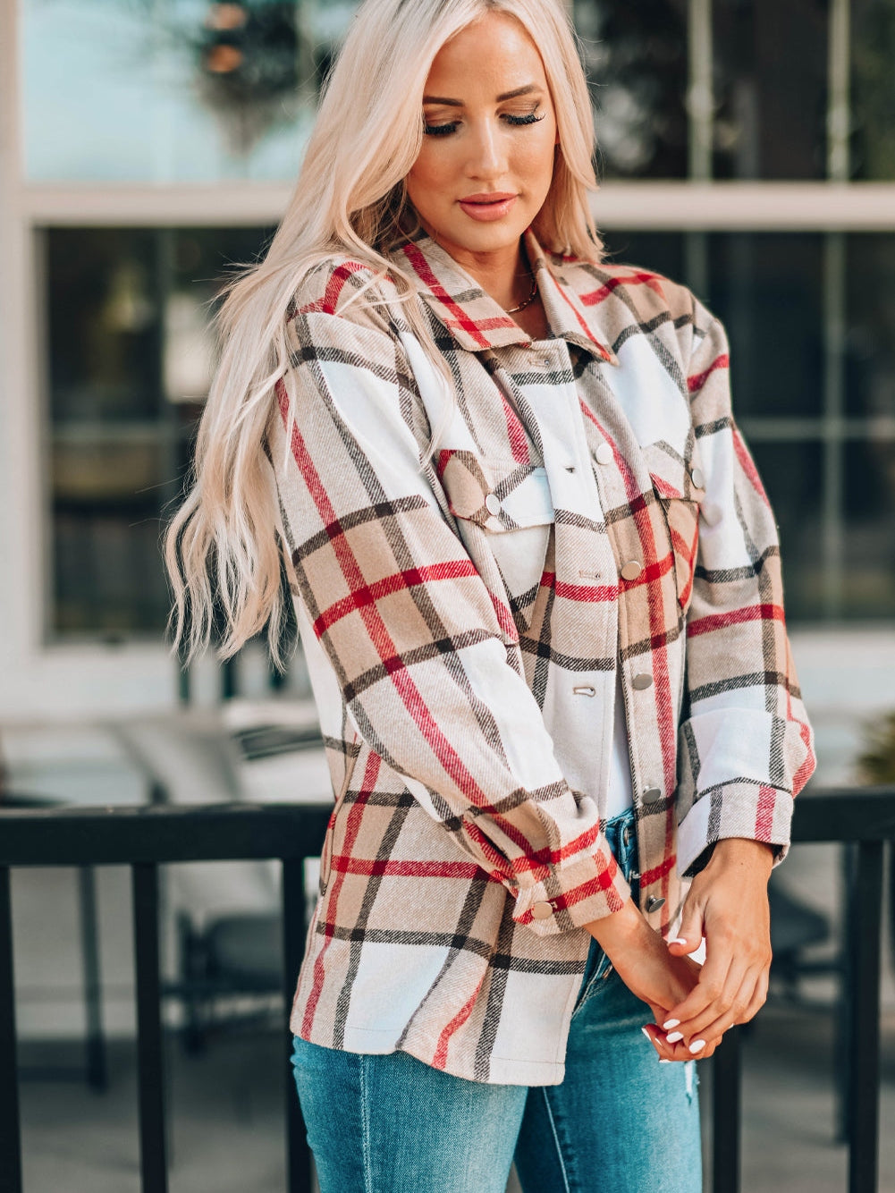 Khaki Plaid Print Sheath Button-Up Coat with Pockets