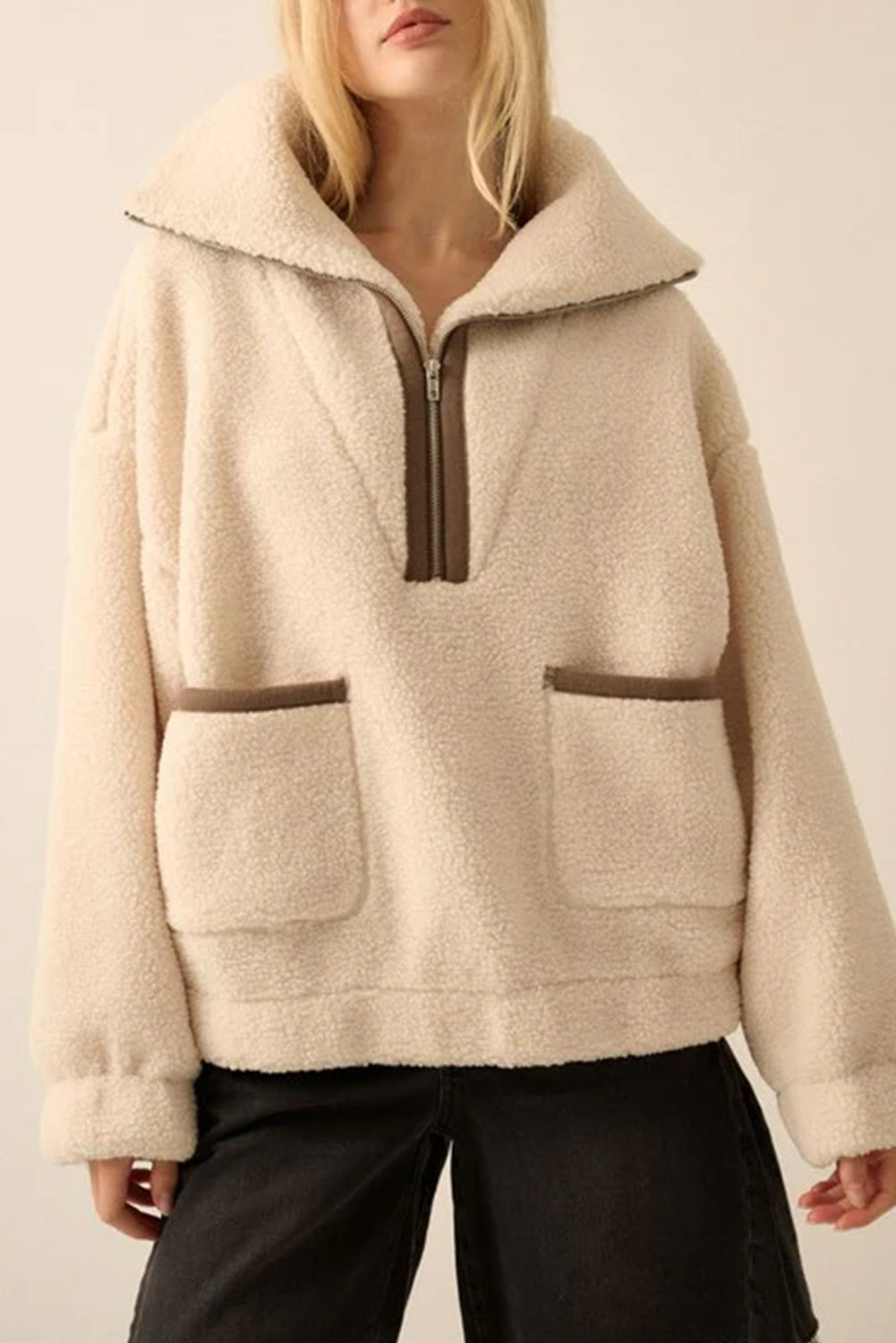 Beige Collar Half Zip Pocketed Fleece Sweatshirt
