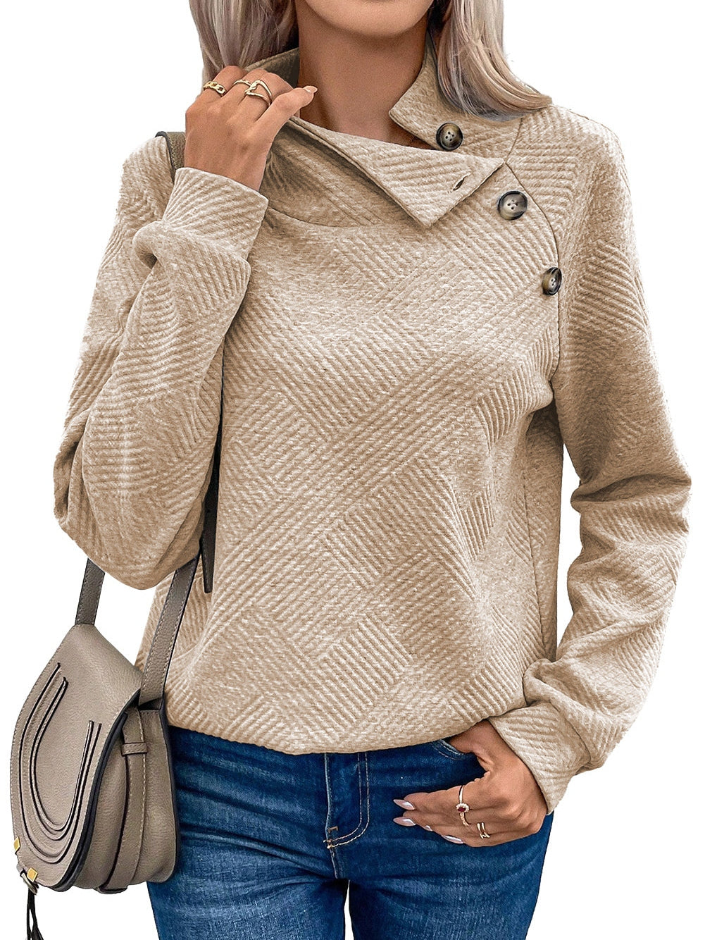 Apricot Textured High Neck Sweatshirt with Unique Asymmetrical Buttons