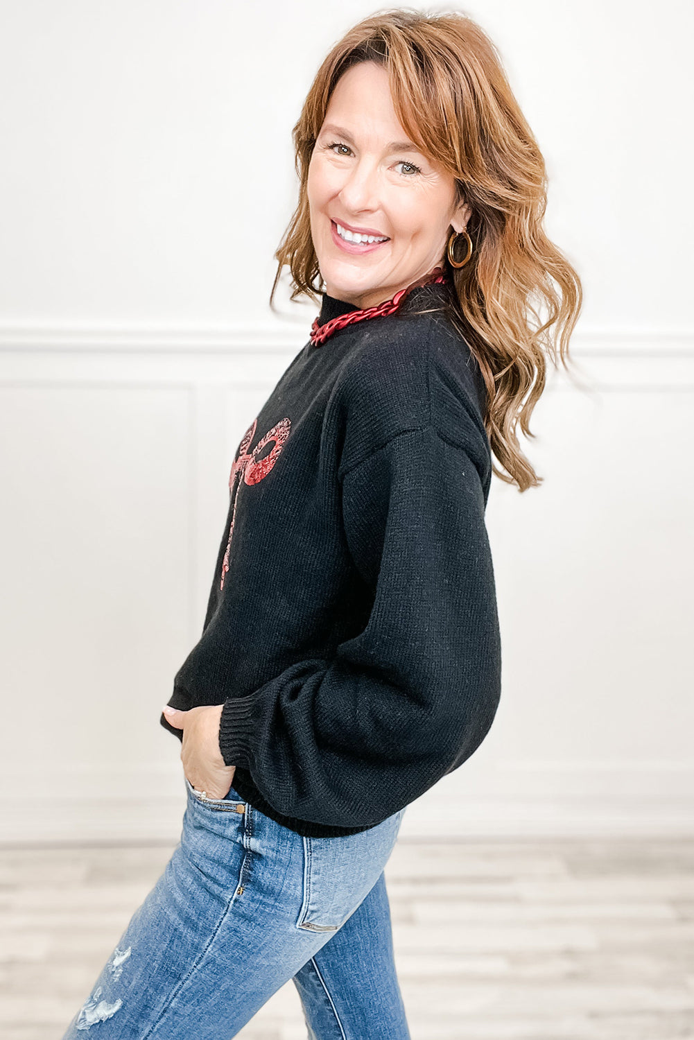 Black Sequin Ribbon Bow Embroidered Casual Sweater